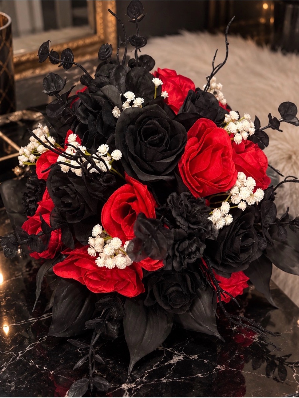 Elegant Black & Red Artificial Rose Bouquet by